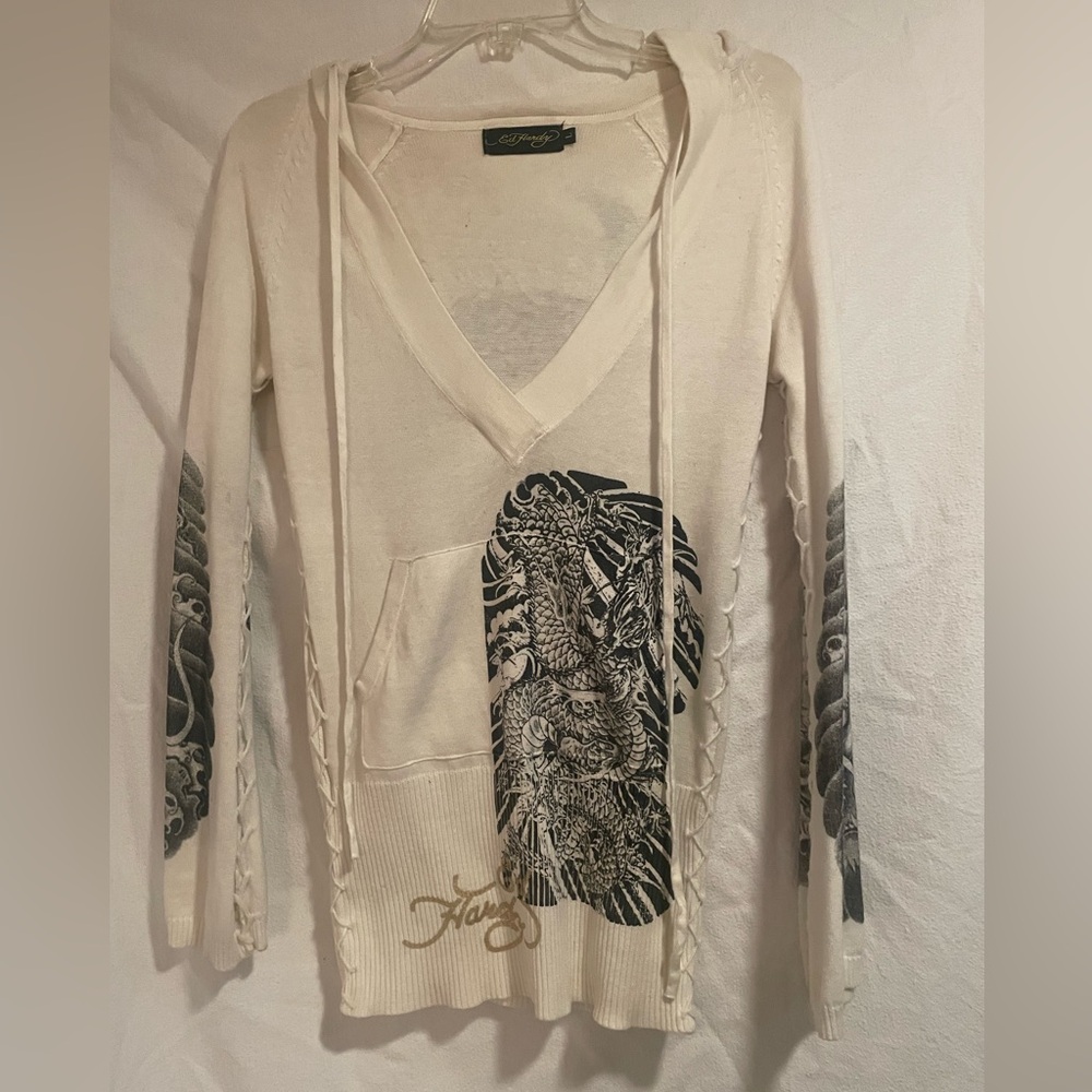 Ed Hardy Cream V-Neck Lace-Up Hoodie with Rhinestone accents Black Dragon Print